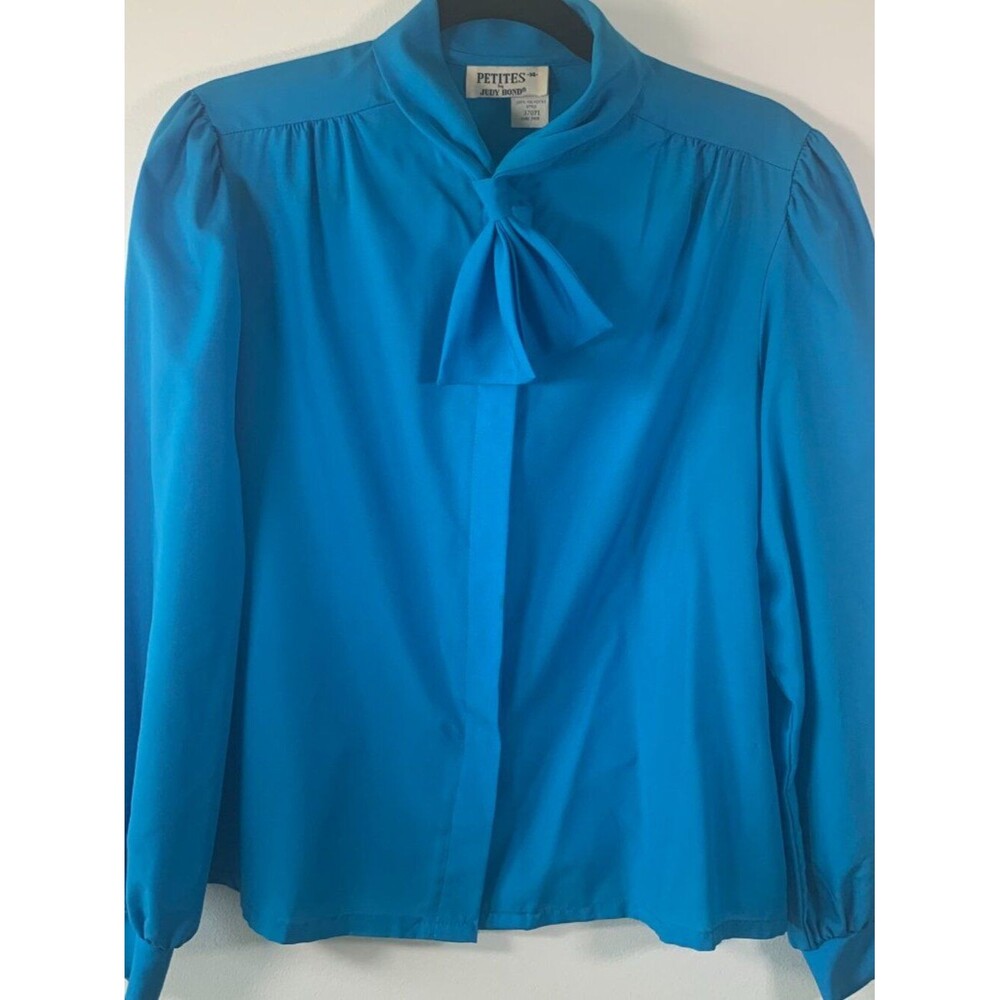 Judy Bond Vintage Bow Tie Collar Button Up Blouse Size 14 Petite Blue